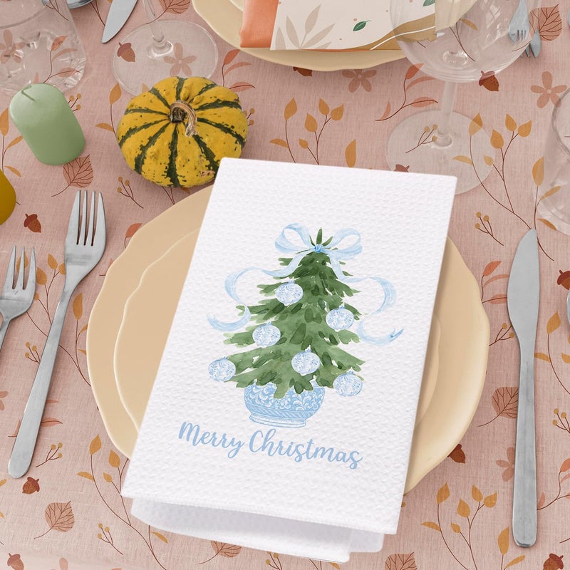 SPBL&L Light Blue Chinoiserie Christmas Kitchen Towels, Light Blue Bow Christmas Hand Towels for Bathroom, Chinoiserie Decor,Merry Christmas Dish Towels, Christmas Kitchen Bathroom Decor, 16x24 Inch - Image 5